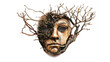 A wooden mask adorned with intertwining branches