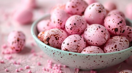 Wall Mural -  A pink-speckled egg bowl sits atop a pink cloth, adorned with sprinkles