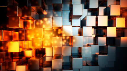 Cubes in shades of orange and yellow create a striking abstract composition. The cubes are arranged in a dynamic pattern, overlapping and intersecting with each other. Banner. Copy space