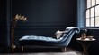Pale blue walls with a dark navy blue velvet chaise lounge and brass accents.
