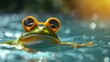  A detailed image of a frog wearing goggles, partially submerged in water