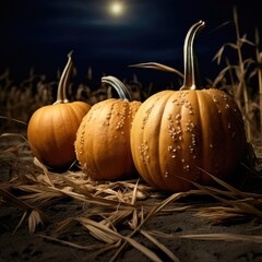 Canvas Print - Three pumpkins sitting in a field at night. Generative AI.