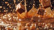 Slow motion shot of caramel chunks falling