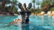  A photo of a zebra submerged in water, wearing sunglasses