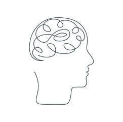 Wall Mural - human head with brain icon in one line. concept thinking in one continuous line. simple one line dra