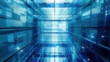 Fototapeta Do przedpokoju - Futuristic office building glass blue toned background. AI generated image