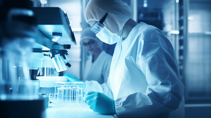 Wall Mural - Scientists in a lab concentrate on preparing a test. scientist looking at the microscope