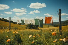 Freshly Washed Clothes Hanging On A Clothesline Over Green Field. Fresh Air. Yellow Flowers. Clear Blue Sky With White Clouds. 
