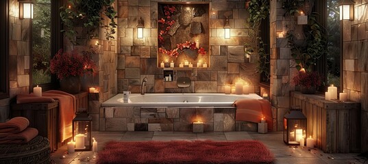 Wall Mural - Contemporary bathroom with nighttime lighting, shower, bathtub, mirror, and washstand