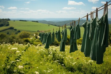 Wall Mural - Green clothes hanging on a clothesline over green field. Clear fresh air, blue sky. Countryside. Amazing nature. Cleaning. 