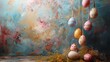  A painting of eggs dangling from strings, in front of windows with dripping water