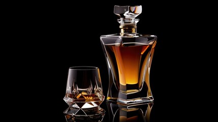 Luxury transparent bottle and Glass of scotch whiskey isolated black background. AI generated image