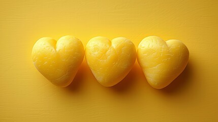 Wall Mural -  Three hearts made of cheese, set against a yellow backdrop, and with a shadowed cheese heart