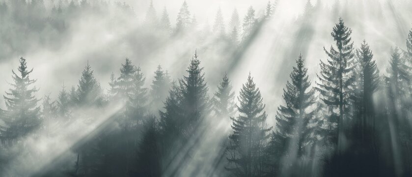 A forest with trees in the background and a misty sky