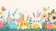 A gathering of multiple bunnies of various colors resting in the green grass outdoors