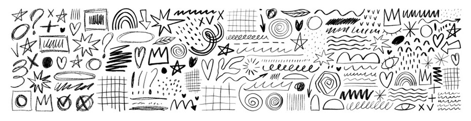 Aufkleber - Hand drawn various doodle shapes, pencil arrows, stars, hearts and crown. Charcoal pencil scribble lines.