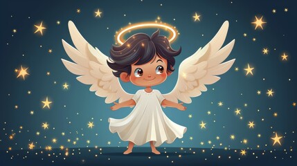 Wall Mural -  A haloed angel amidst the midnight sky, surrounded by celestial bodies