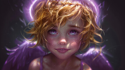 Sticker -  Close-up photo of a kid's face with a purple glow, winged angel