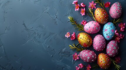 Wall Mural -  A painted egg cluster sits atop a table, alongside a floral arrangement on a blue backdrop