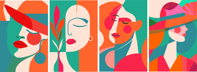 Elegant series of four vector illustrations depicting stylized female profiles with fashionable hats and botanical elements, rendered in a bold, modern art style with a harmonious color palette.