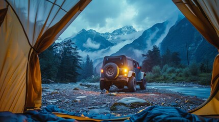 POV from a camping tent: scenic close up view of off-road vehicle, in mountain camping at night, near mountains river