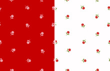 Cute Seamless Background With Pink And Red Tiny Flowers. Floral Endless Patterns With Hand Drawn Little Flowers Isolated On A Red And Off-White Background. Lovely Repeatable Floral Print.	
