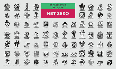 76 Solid Icons for Net Zero set in fill style. Excellent icons collection. Vector illustration. 