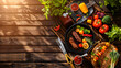 A top view of a summer barbecue setup with grilling tools, a plate of fresh vegetables, and a bottle of barbecue sauce, arranged on a wooden table.