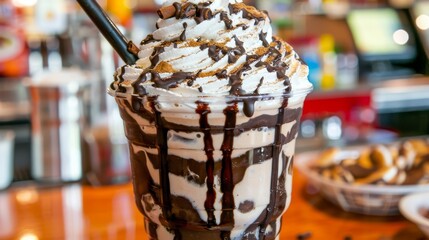 Sticker - a chocolate milkshake with whipped cream and chocolate syrup drizzled on the top of the milkshake.