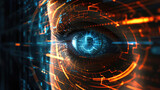 Fototapeta Konie - Hacker or AI robot eye in dark tech space, cyborg vision on digital background. Concept of cyber security, technology, future, data, artificial intelligence, hack, network