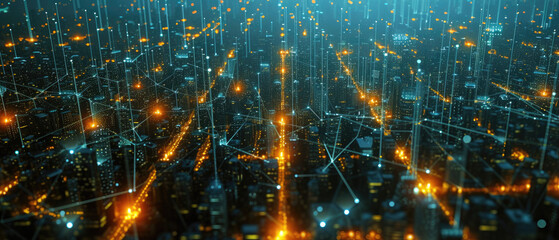 Wall Mural - Network lines in smart city, aerial view of skyscrapers and communication web, abstract lights of buildings at night. Concept of connect, iot, future, technology, background.