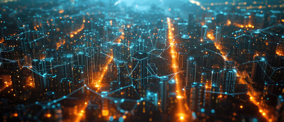 Wall Mural - Network lines in smart city, aerial view of skyscrapers and communication web, abstract energy lights of modern buildings. Concept of connect, iot, future, technology, background.