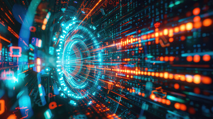 Poster - Abstract digital technology background, data pattern and information lights in dark cyber space. Concept of secure tech, global network, art, security, world