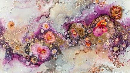 Sticker - an abstract painting with pink, yellow, and orange flowers on a white, black, and pink background with bubbles.