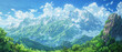 illustration of an anime mountain landscape with blue sky