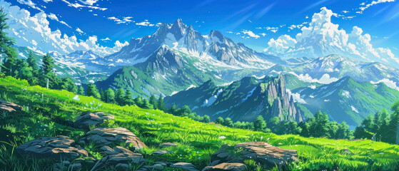 illustration of an anime mountain landscape with green meadows and blue sky