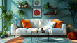 Interior design of modern living room with orange sofa and coffee table