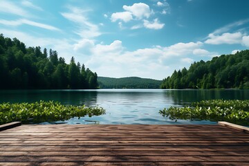 Wall Mural - Wooden pier on a lake with forest in the background and blue sky