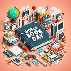 Wall Mural - back to school concept , World book day illustration with books and objects reading, illustration, and  World Book Day created with generative ai