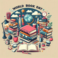 Wall Mural - back to school concept , World book day illustration with books and objects reading, illustration, and  World Book Day created with generative ai