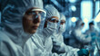 People in special chemical protective suits work in the lab with laptops and preparations