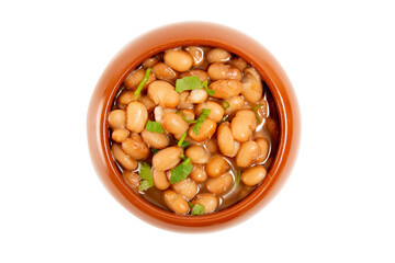 Bowl with beans and green herbs on top isolated aerial view