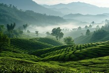 A Vibrant Hillside Covered In Numerous Trees, Displaying A Dense And Verdant Landscape, Tea Plantations Rolling Up Misty Hills, AI Generated