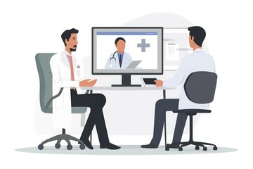 Poster - A doctor and a patient are shown sitting at a desk, engaged in a conversation while looking at a computer screen, Telemedicine consultation between a doctor and patient, AI Generated