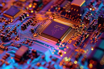 Poster - This close-up photo captures the intricate details of a computer circuit board, The inside of a nano-fabricated computer chip, AI Generated