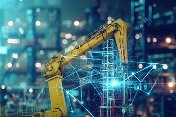 Poster - A yellow robot stands in the center of a bustling city street, surrounded by people and tall buildings, The integration of artificial intelligence (AI) in construction management, AI Generated