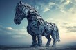 A horse sculpture made entirely out of books stands amidst a lush field, Trojan Horse symbolizing a deceptive cyber threat, AI Generated