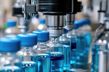 Poster - A detailed view of a machine featuring blue bottles, showcasing the intricate mechanics and aesthetics of the system, Vaccine development in a high-tech lab, AI Generated