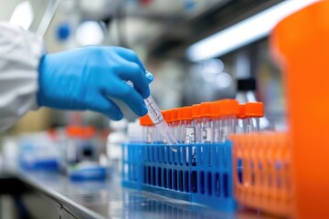 Poster - A scientist dressed in a lab coat is holding a tube filled with liquid in a laboratory setting, Vaccine development in a high-tech lab, AI Generated