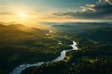 Wall Mural - Aerial view of beautiful sunset above the river and forest in summer